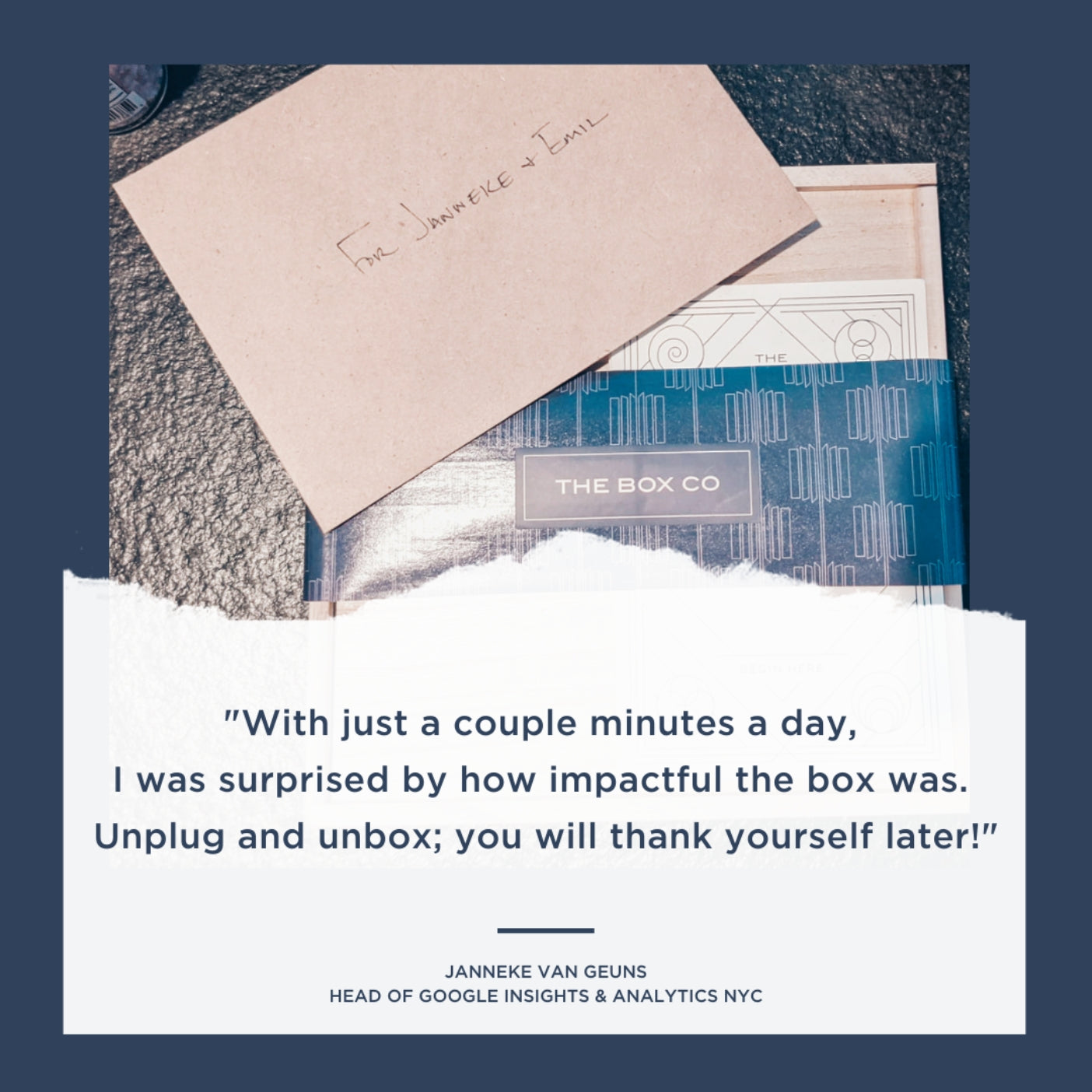 The Comeback Box testimonial letter "With just a couple minutes a day, I was surprised by how impactful the box was. Unplug and unbox; you will thank yourself later!"