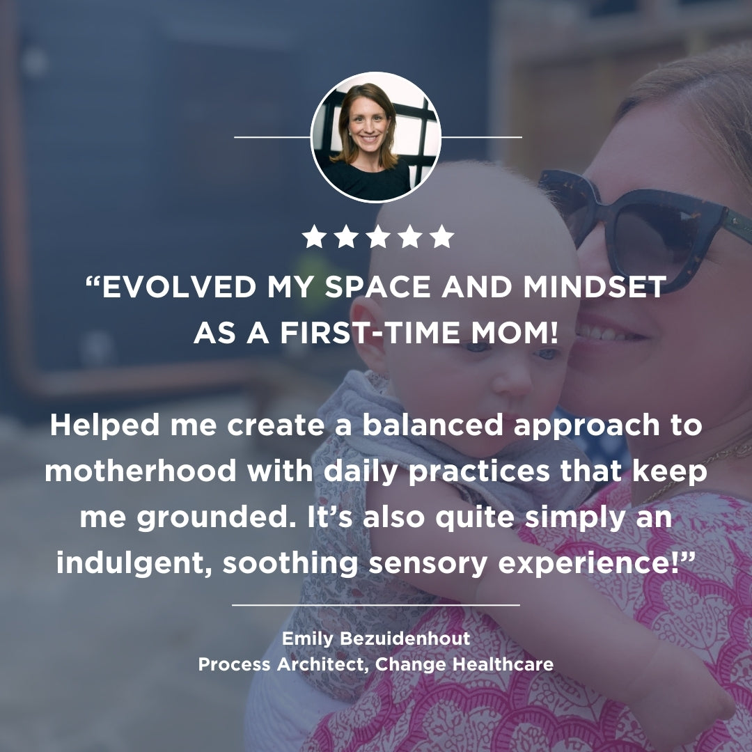 A smiling woman in sunglasses holds a baby, radiating positivity. Above a five-star rating, an inset photo and testimonial praise The Housewarming Box by The Box Co for supporting motherhood. Credit: Emily Bezuidenhout.