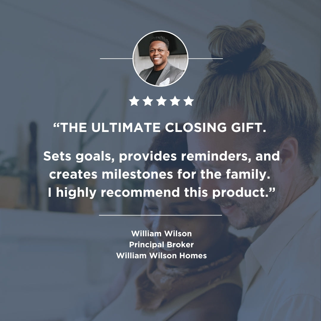 A testimonial graphic shows William Wilson, Principal Broker at William Wilson Homes, with five stars, praising The Housewarming Box by The Box Co as the perfect closing gift that sets goals, gives reminders, and creates milestones for families.