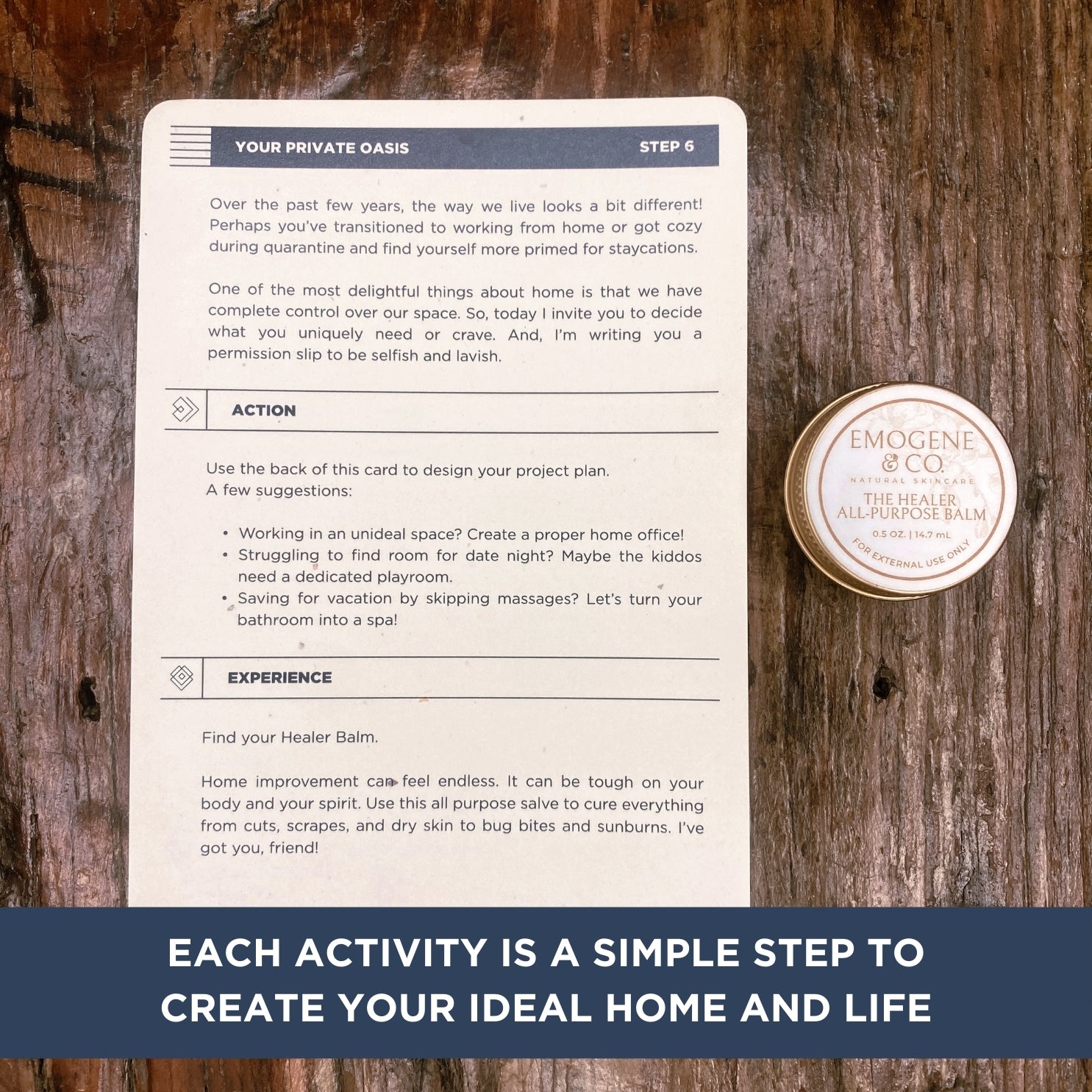 The Box Co activity card as part of the housewarming exercises, with a can of healing balm. Ideal for new homeowners.