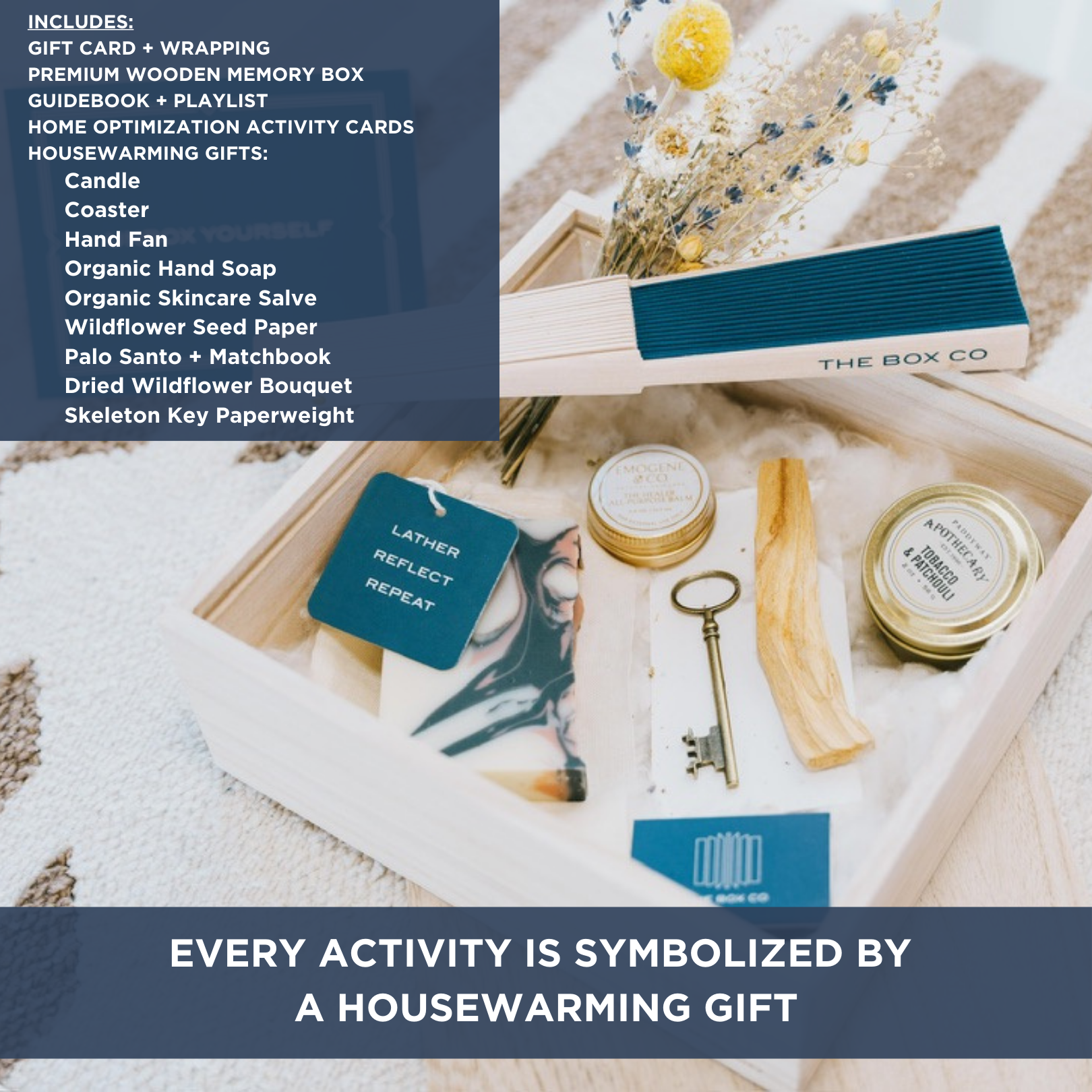 The Box Co’s Housewarming Box is a gift set for new homeowners, featuring a blue hand fan, candle, soap, coaster, wildflower bouquet, and key paperweight—each symbolizing positivity—beautifully boxed with a printed list and message.