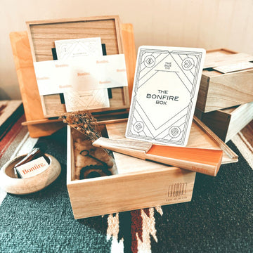 The Bonfire Box: Wooden box with dried flowers, a hand fan, activity cards.