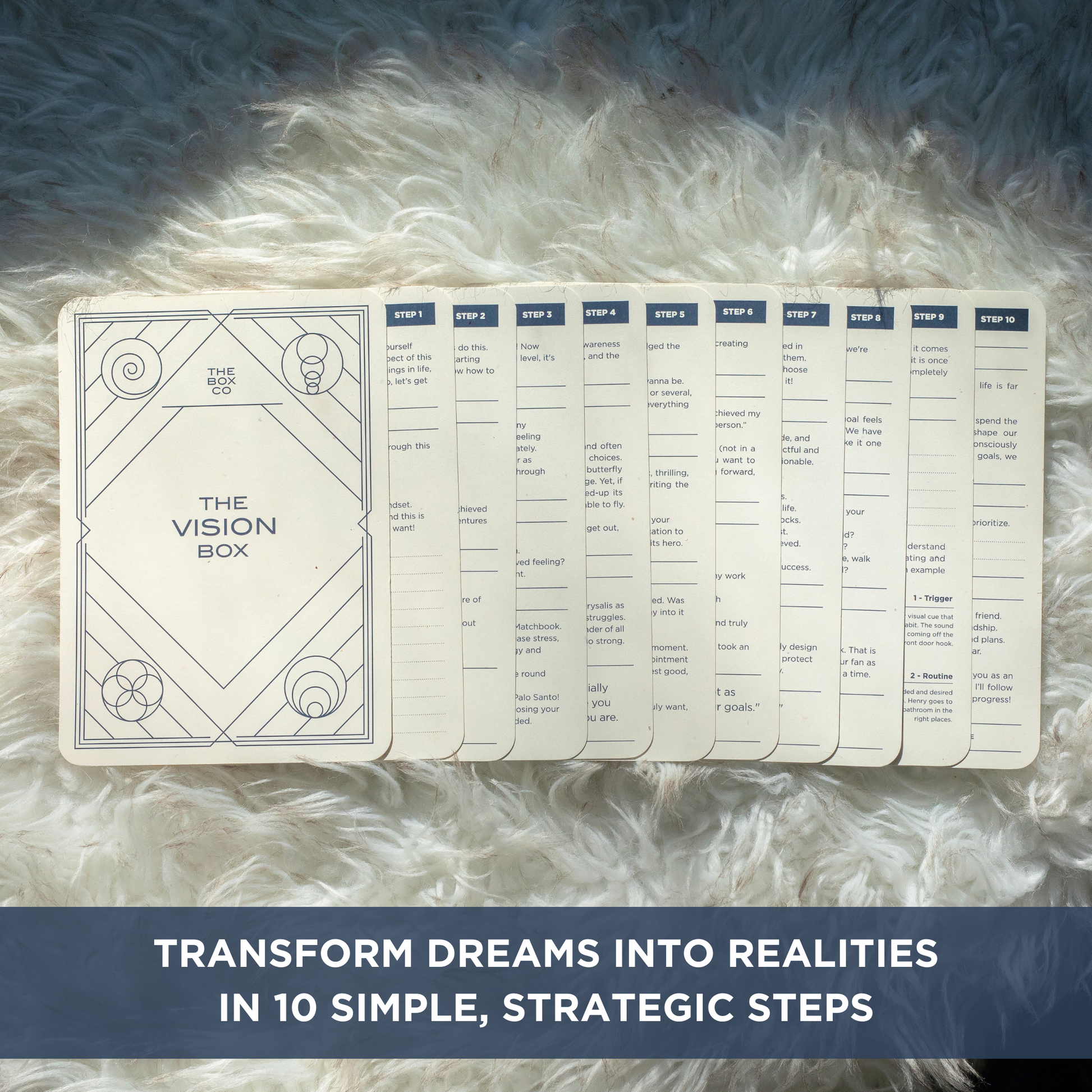 The Vision Box: 11 cards laid out on a white rug. Text overlay "TRANSFORM DREAMS INTO REALITIES IN 10 SIMPLE, STRATEGIC STEPS".