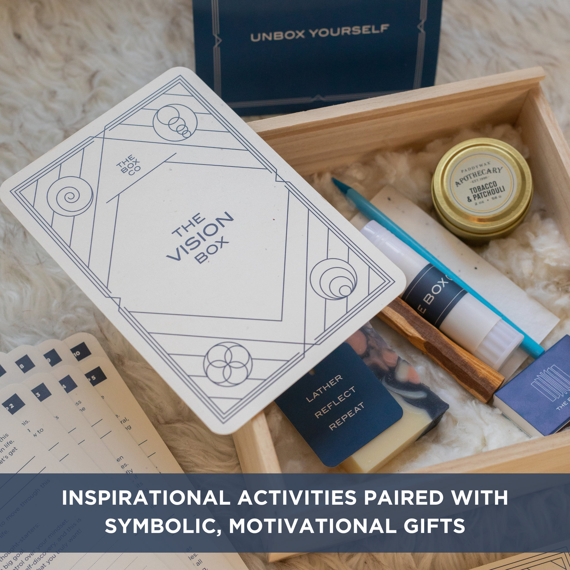 The Vision Box: card on a wooden box showing contents. Text overlay "INSPIRATIONAL ACTIVITIES PAIRED WITH SYMBOLIC, MOTIVATIONAL GIFTS".